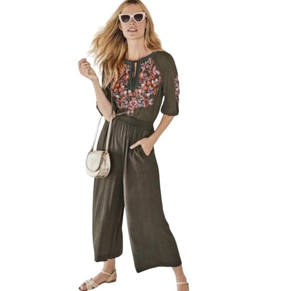 BODEN Natalie Floral Embroidered Green Cropped Jumpsuit Womens Sz.4 - Picture 1 of 12